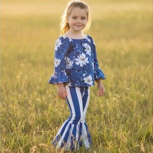 Daisy BELL Bottom Outfit, Watercolor Flowers Blouse, Striped Bell Bottoms
